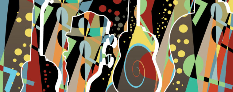 jazz-inspired ukulele artwork, abstract style in many colors