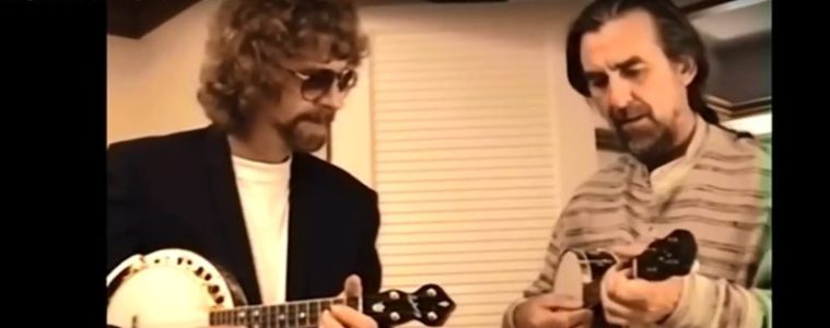 Jeff Lynne and George Harrison with a pair of banjo-ukuleles.