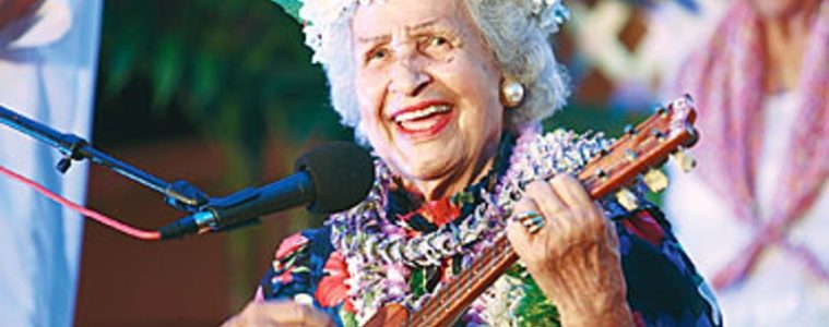 ‘Aunty’ Genoa Keawe playing ukulele and singing