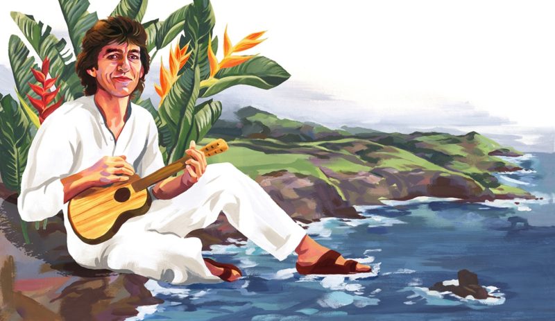 illustration of George Harrison of The Beatles playing ukulele on the beach in hawaii