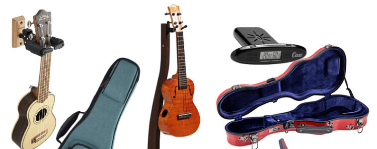 ukulele storage cases, wall mounts, floor hangers, humidifiers